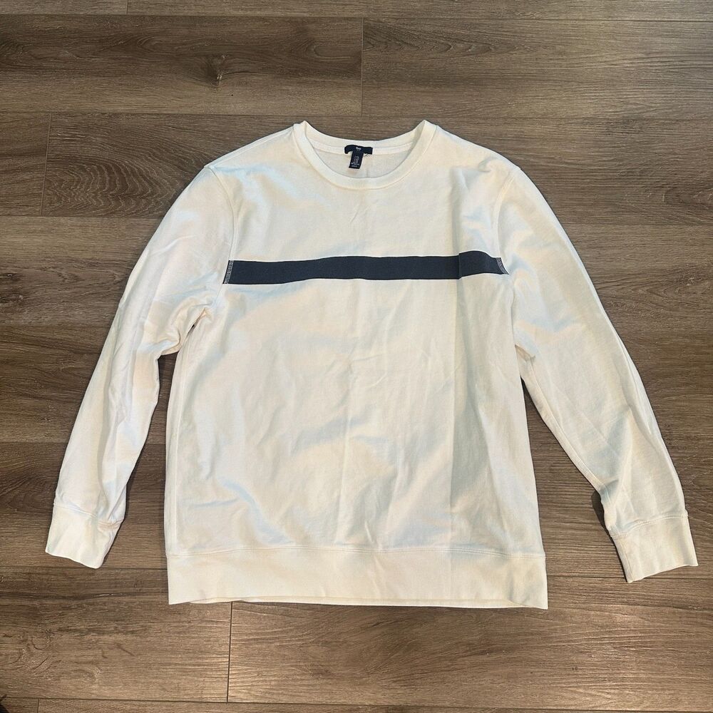 Gap Men White French Terry Long Sleeve Top Navy Chest Stripe Sweatshirt XXL